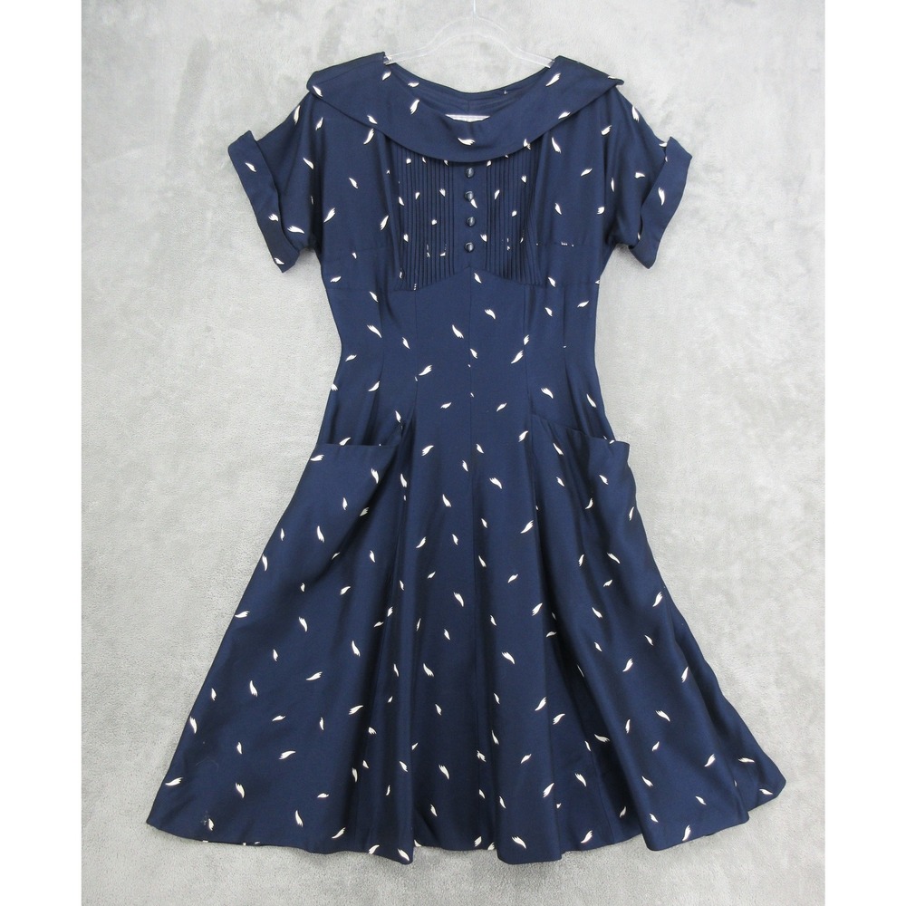 True Vintage Dress Womens M 1950s Sailor Collar Pockets Midi Full Flare Skirt